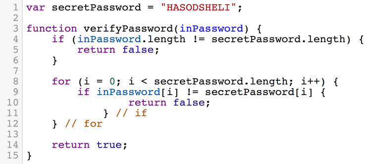 A simple and efficient password checking algorithm. In line 4 there’s a check if there length of the password is the same as the length of the input. In line 8 there’s an iteration over all of the characters in the password 